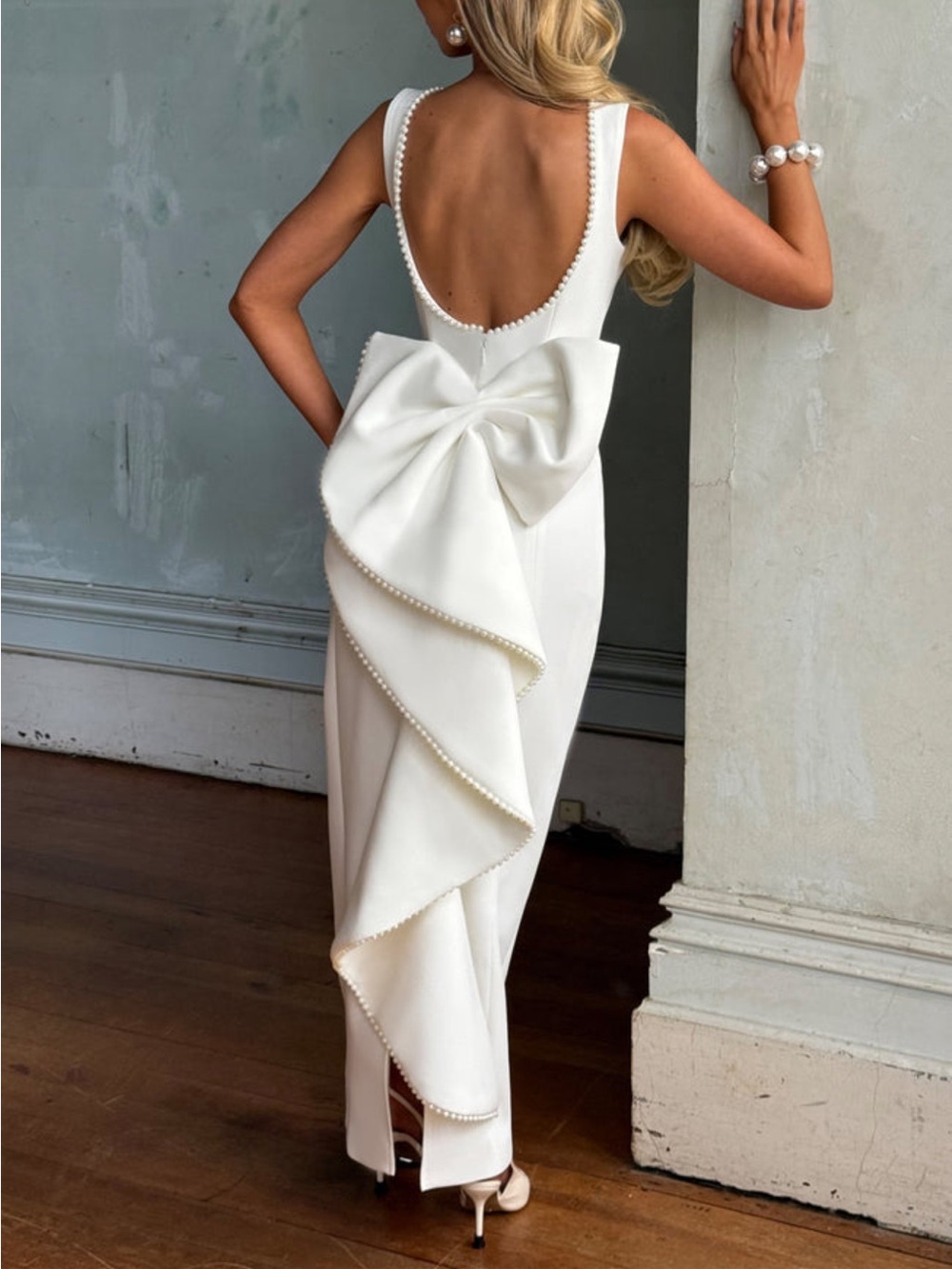 Backless White Pearl-Trim Bow Gown
